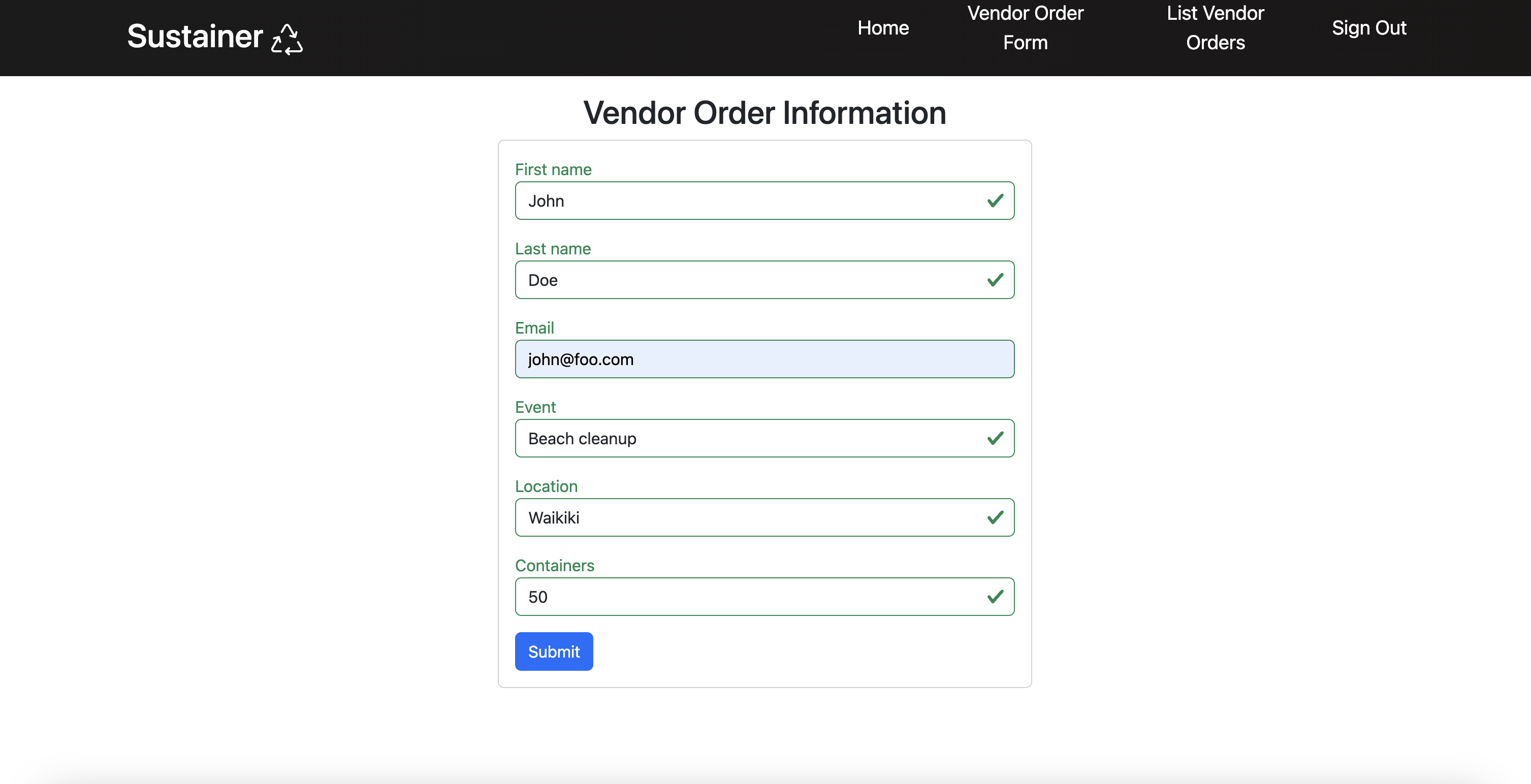 Vendor container list page.